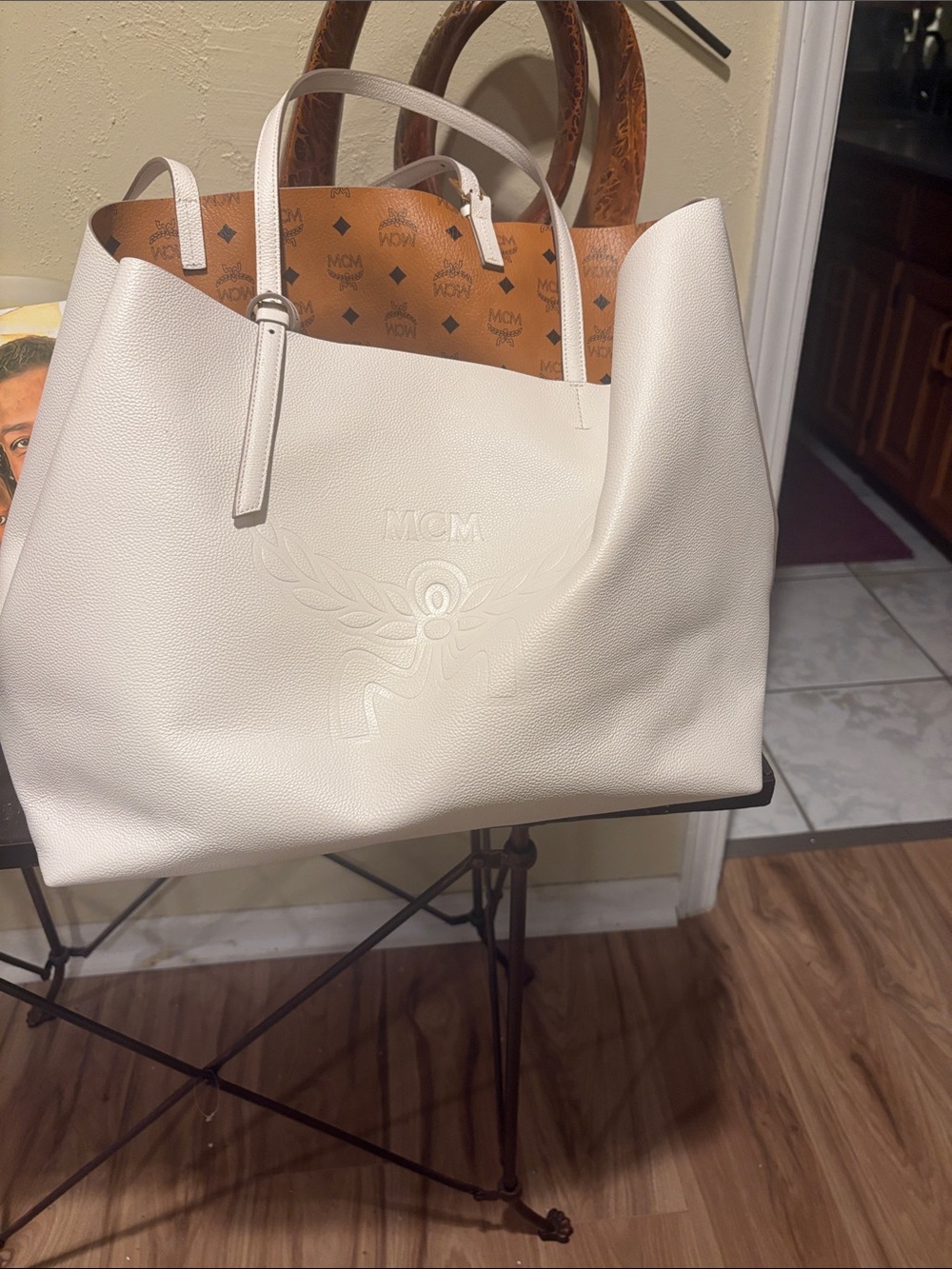 MCM Cream Leather Tote with Cognac Monogram Interior